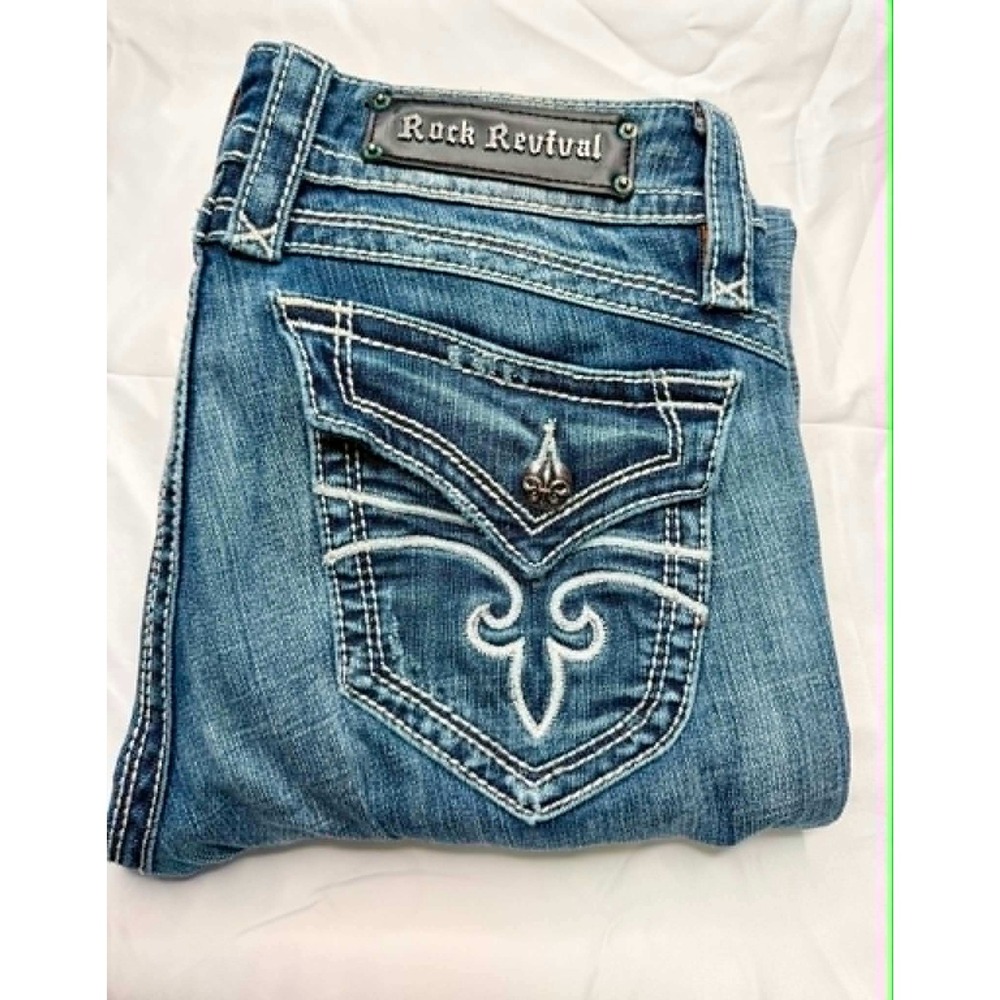 Rock Revival Womens Medium Wash Fleur-de-Lis Flap Pocket Jeans 30 x 31 Low Rise